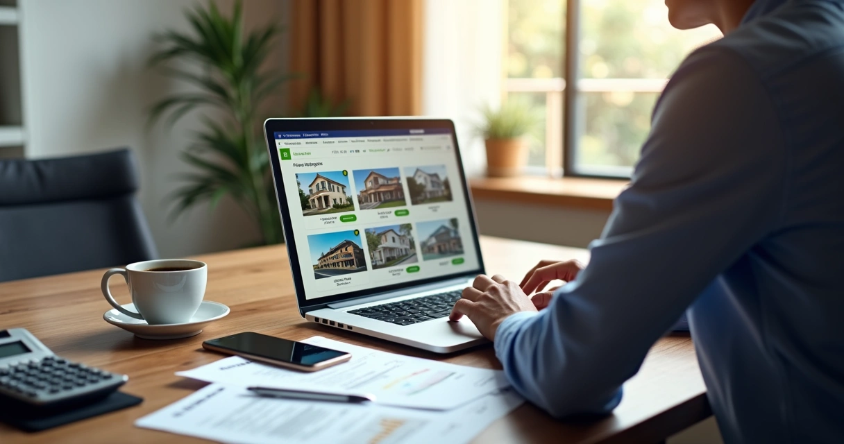 Pessoa participando de leilão online de imóveis em notebook com documentos e calculadora na mesa 