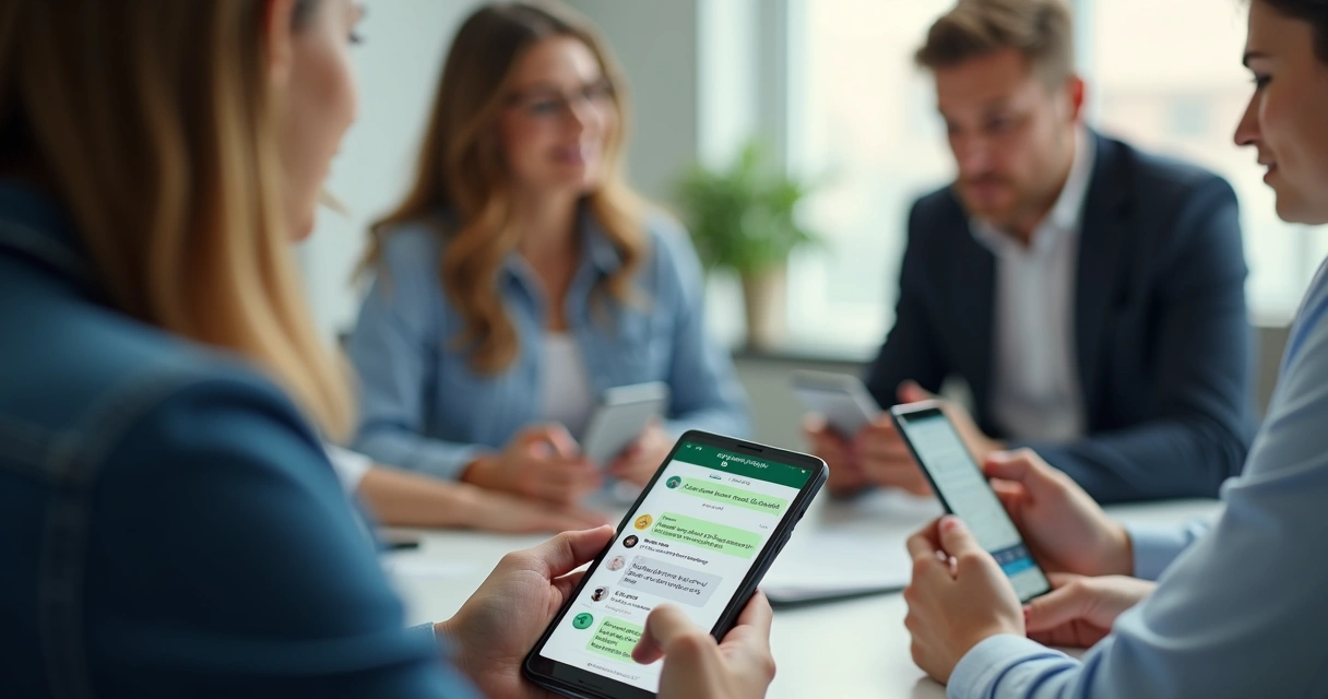 Usuários discutindo organizados em mesa de reunião com celular em destaque