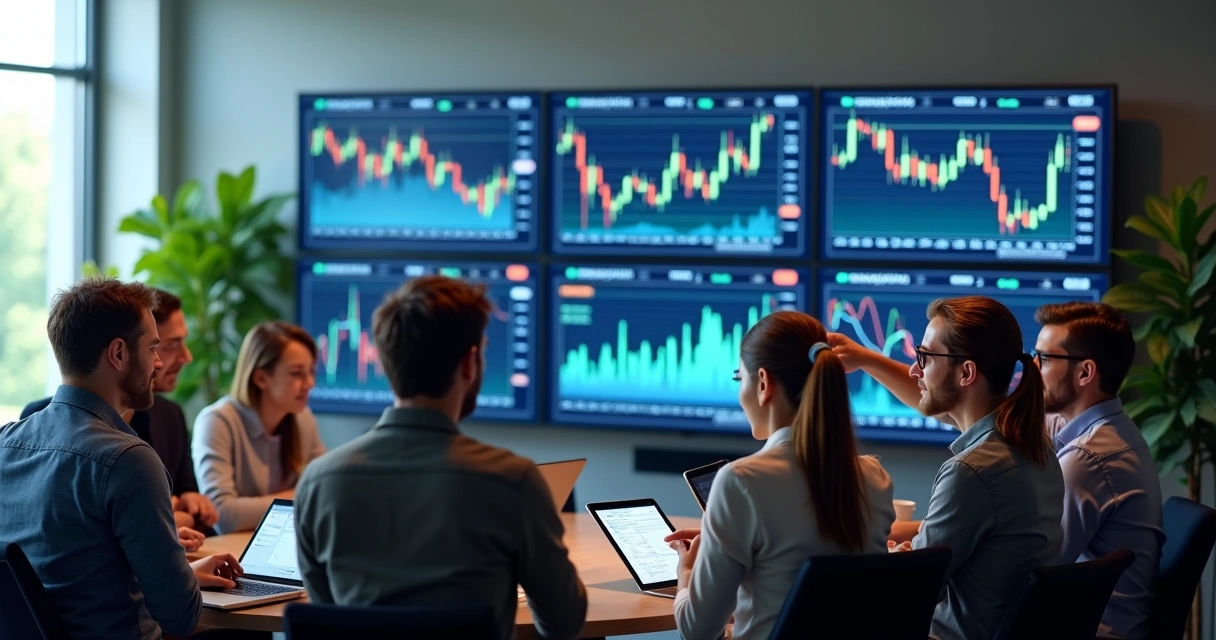 Grupo de pessoas analisando gráficos em telas grandes