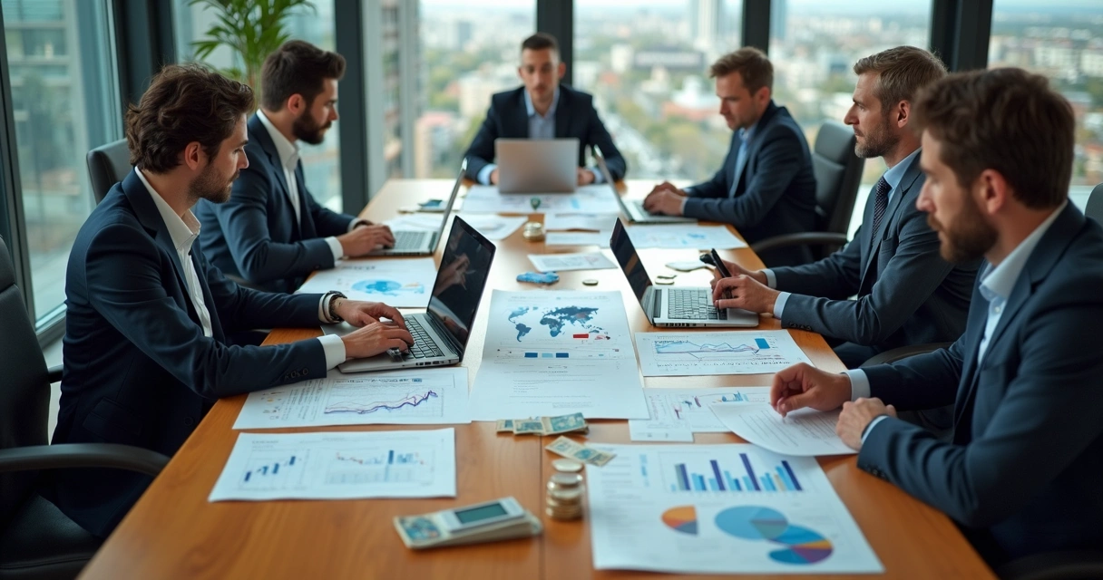 Mesa de negociação com pessoas discutindo diversos ativos financeiros internacionais 