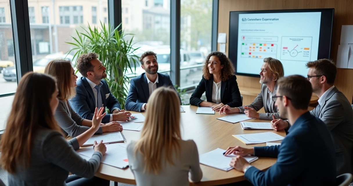 Profissionais sentados em círculo participando de treinamento em empresa 