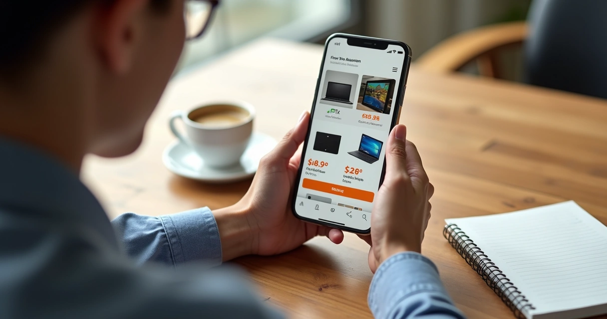 Pessoa usando celular para participar de leilão online de eletrônicos. 