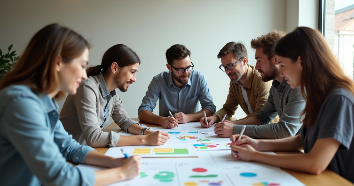 Team collaborating at a table, papers and charts spread out, brainstorming together 