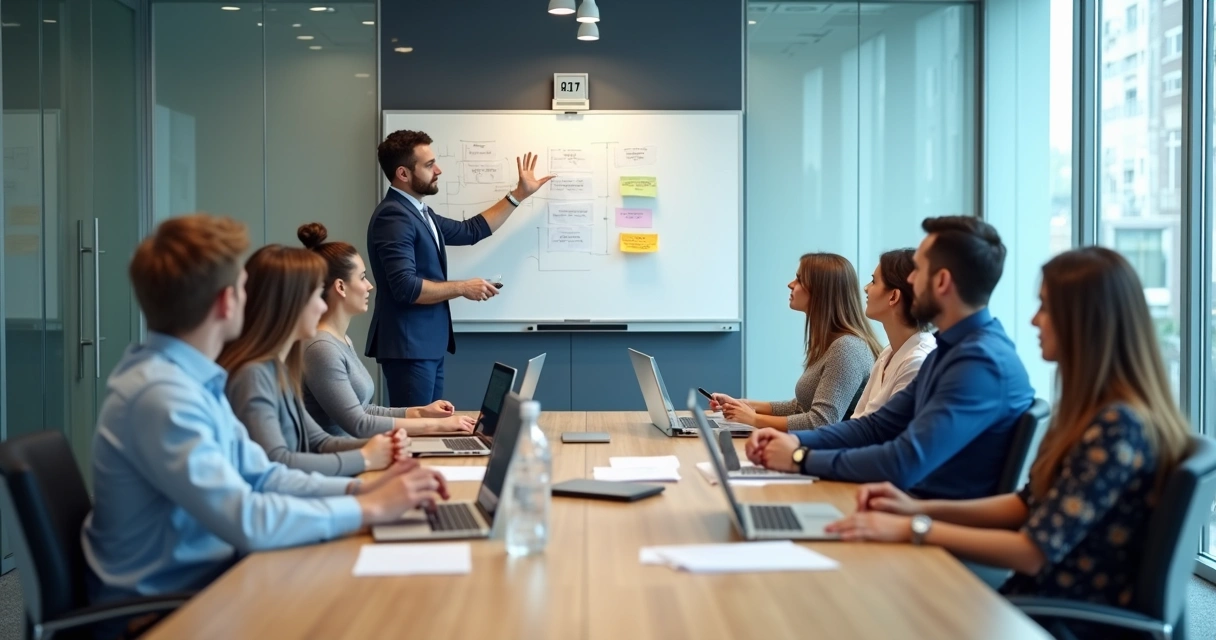 Employees sharing input in a participatory workplace meeting 