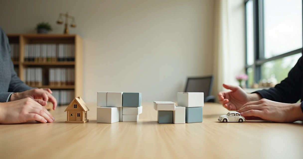 Mãos organizando blocos que representam divisão equilibrada de bens 