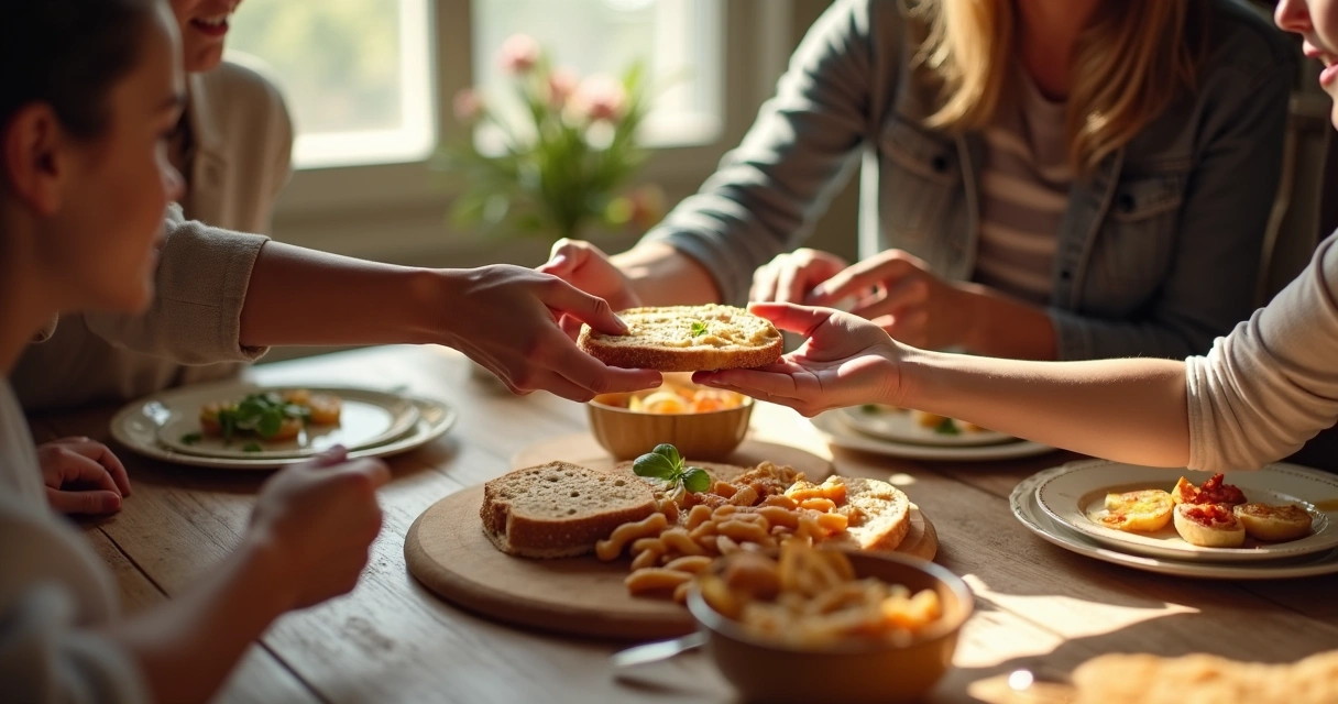 Mãos femininas partilhando comida com outras pessoas 
