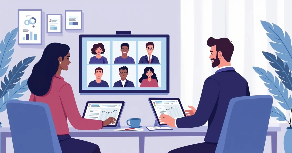 Head of Partnerships having an online video call with inactive partners, showing friendly communication 