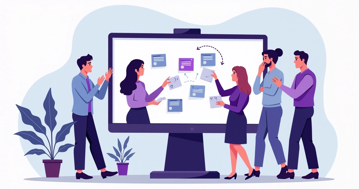 Remote workshop with diverse partner team in a video call window 