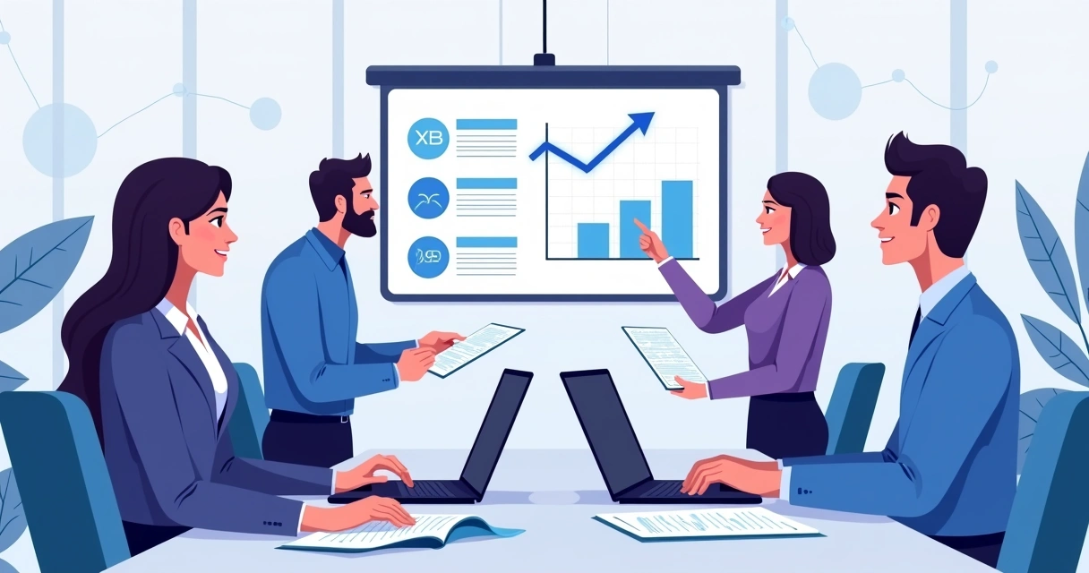 Executives evaluating potential partners, reviewing charts and portfolios, discussing fit in a modern office with blue and purple accents 