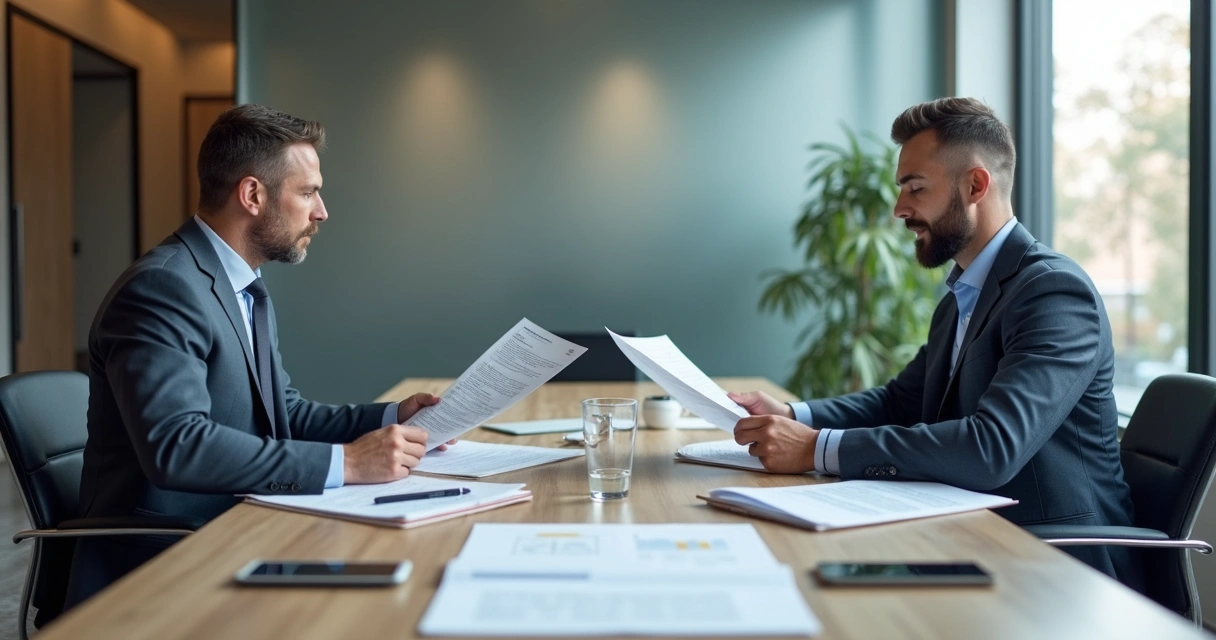 Two business partners in a tense meeting reviewing documents at a conference table