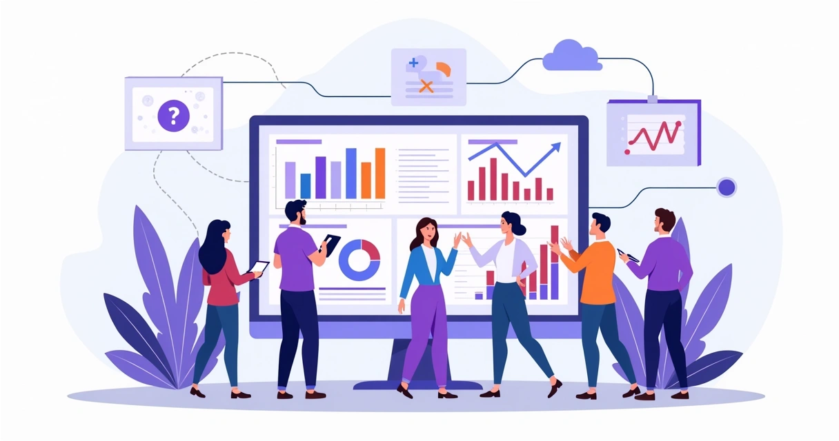 Professionals collaborate around a large digital marketing dashboard 