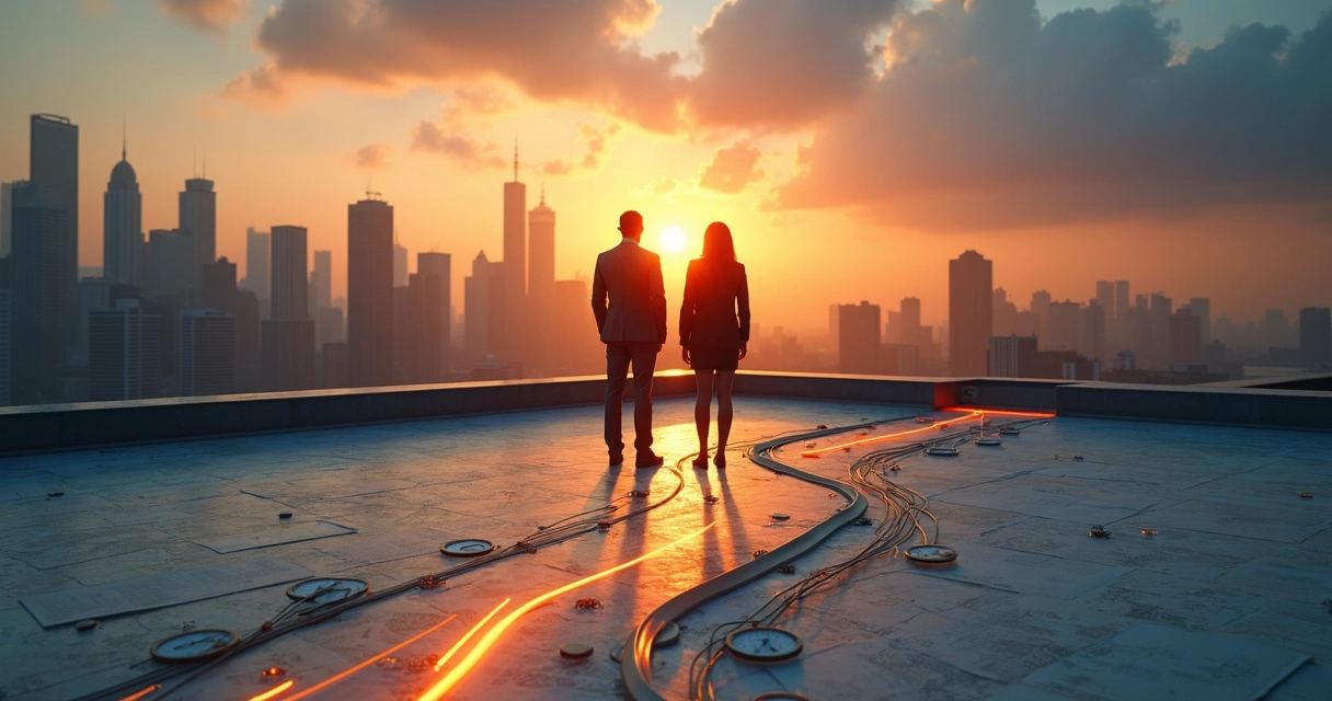 Two business partners at a crossroads with divergent paths made of contracts and wires 