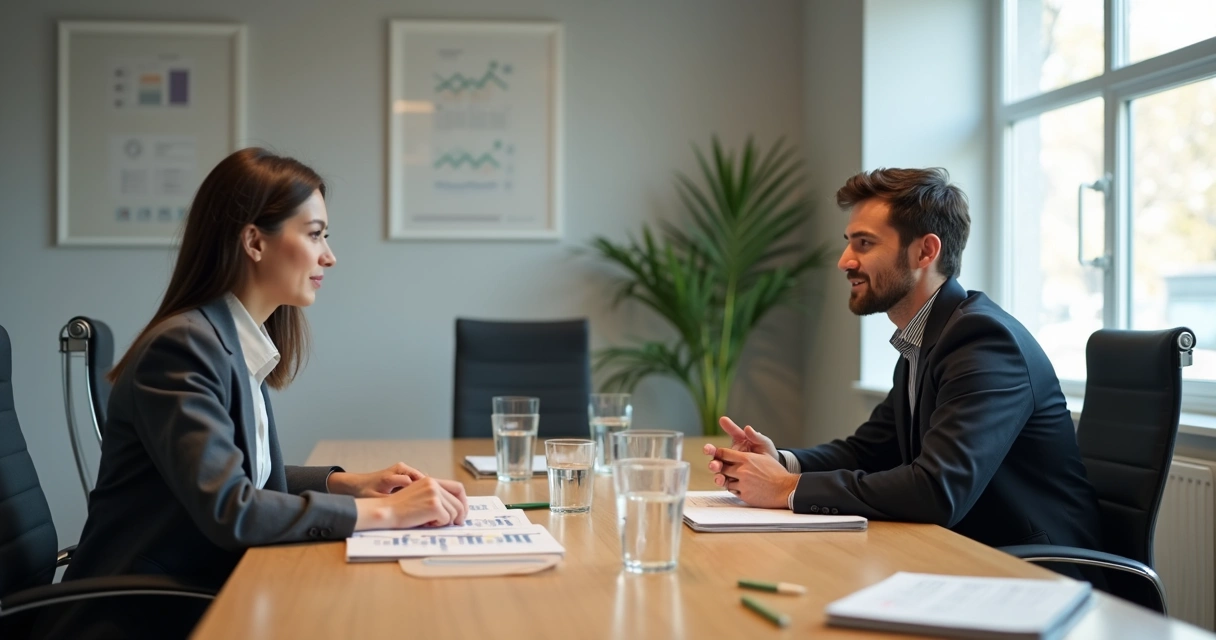 Two business partners in a calm meeting with notes and open body language 