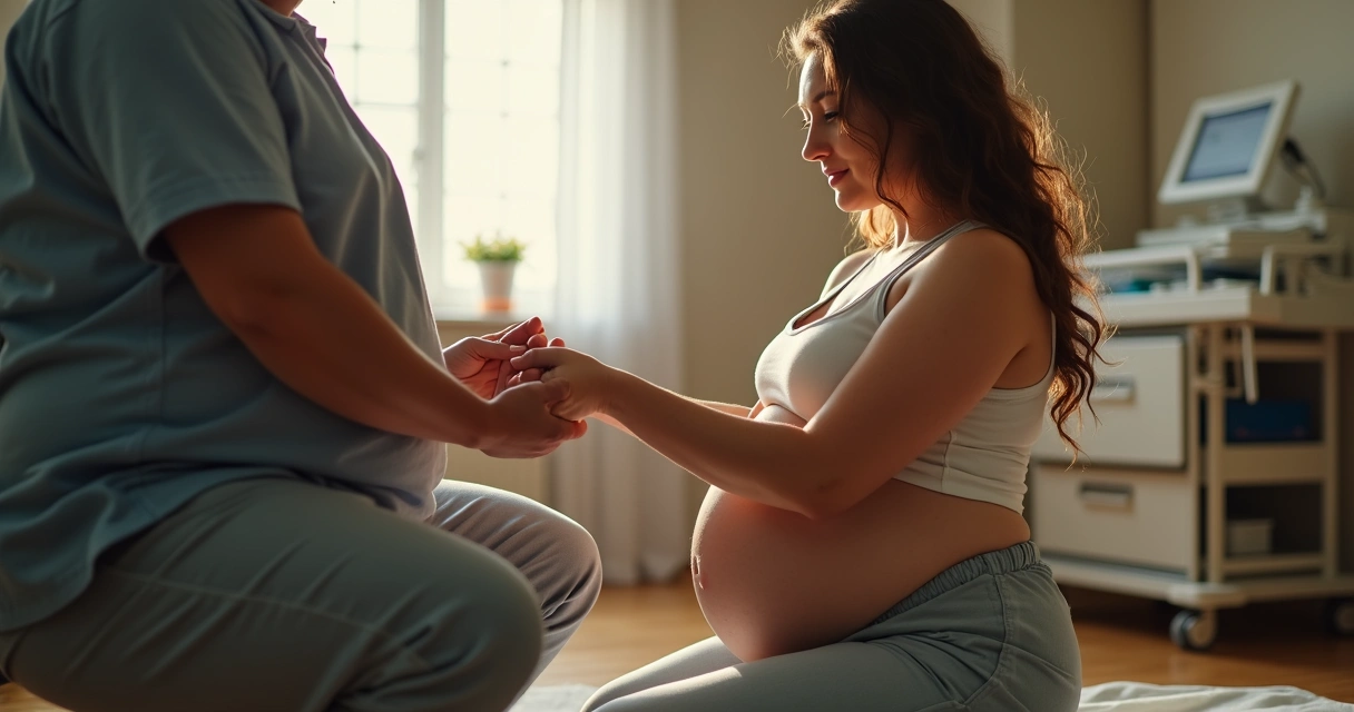 Mulher grávida em posição de cócoras, preparando-se para o parto 