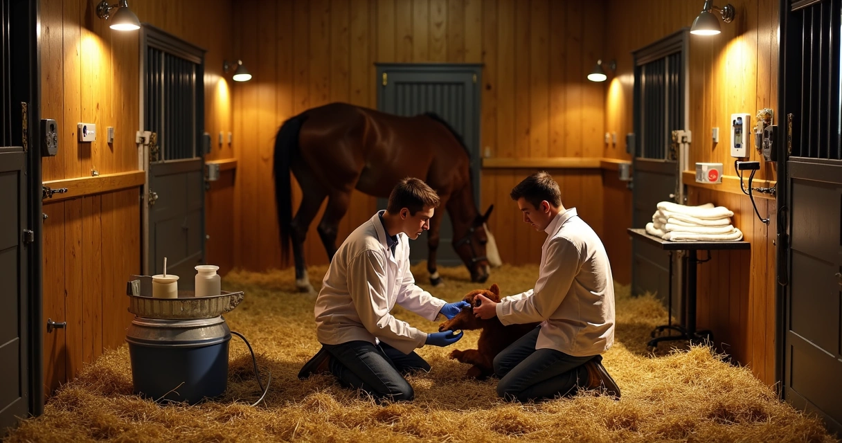 Veterinário acompanhando parto assistido de égua em baia de haras 