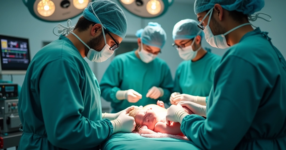 Equipe médica realizando parto cesárea em sala cirúrgica 