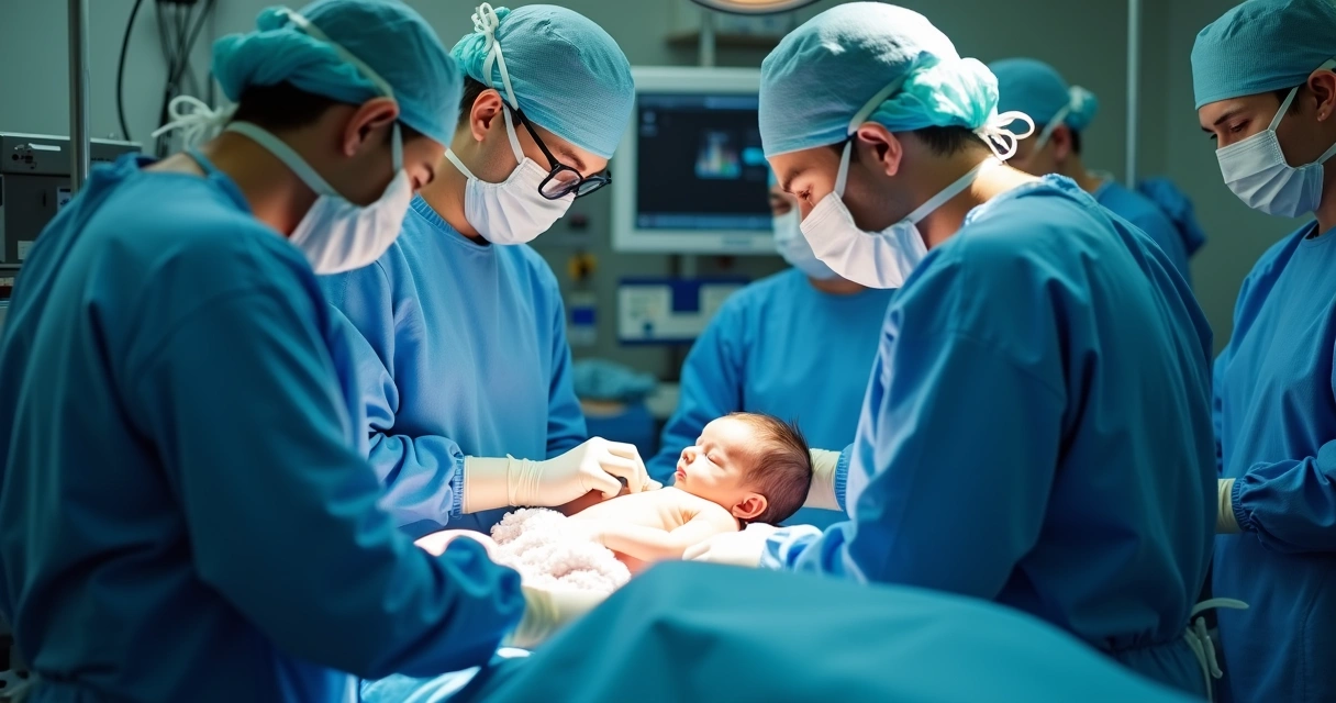 Equipe médica realizando cesariana em sala de cirurgia bem iluminada 