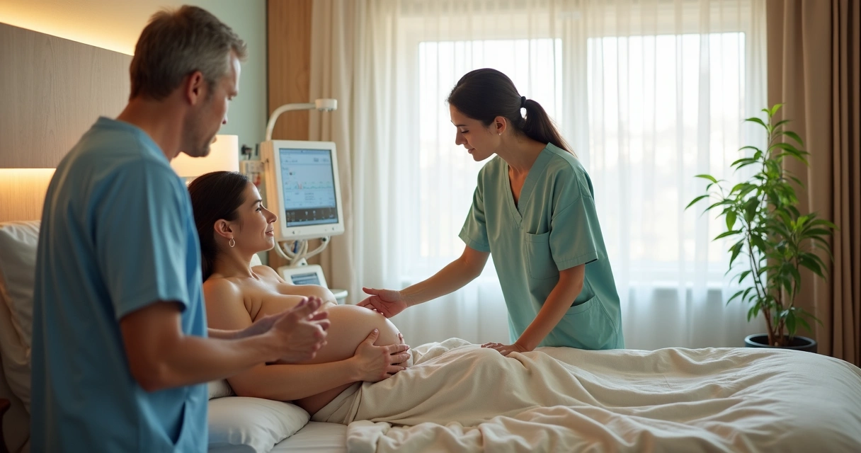 Gestante em parto humanizado assistida por equipe médica em ambiente acolhedor 