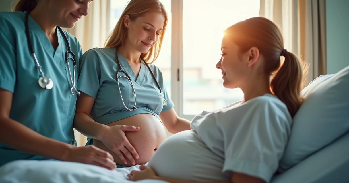 Equpe médica e gestante em ambiente de parto humanizado 