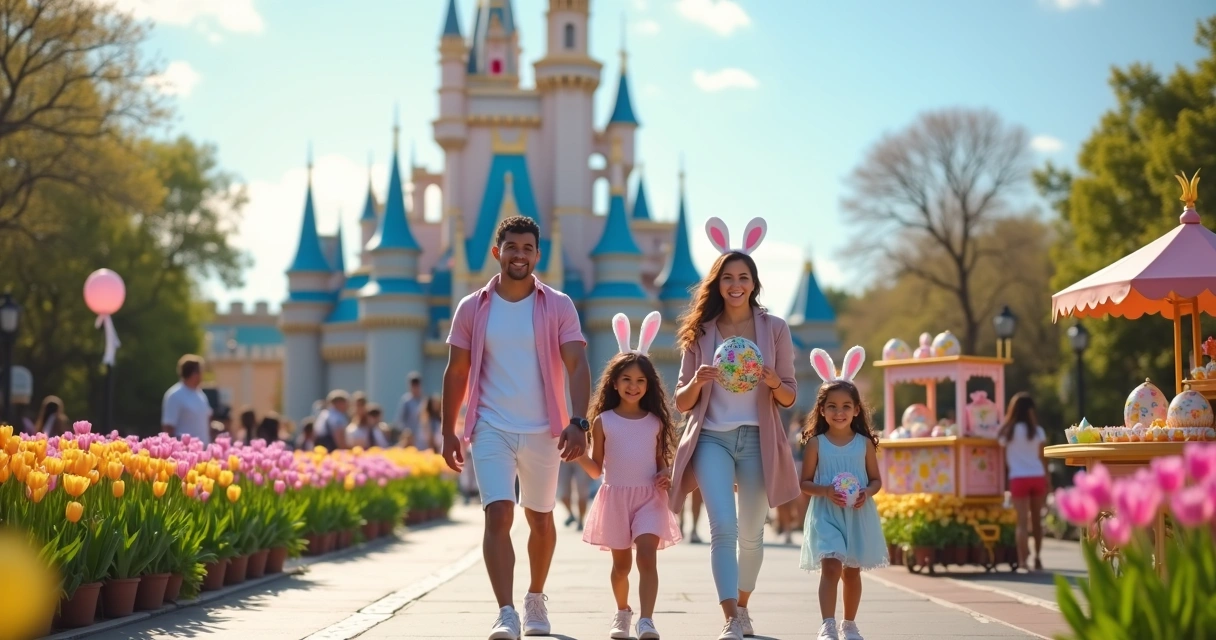 Família brasileira com orelhas de coelho celebrando a Páscoa em frente a castelo em parque da Disney 
