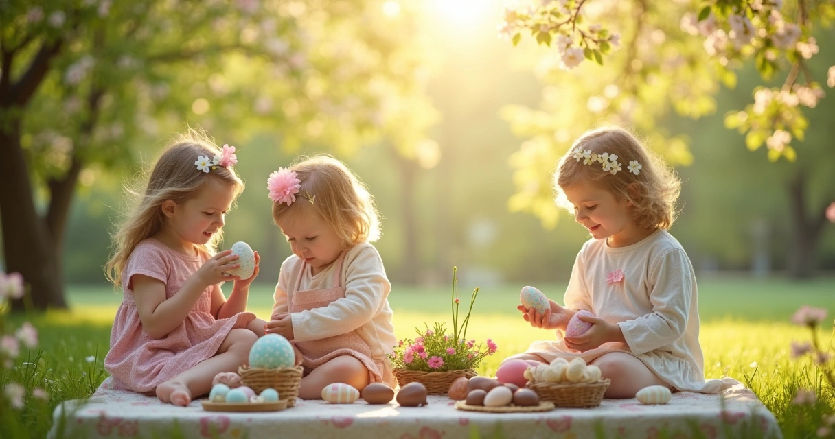 Ambiente de Páscoa com flores, cores vivas, doces e clima alegre 
