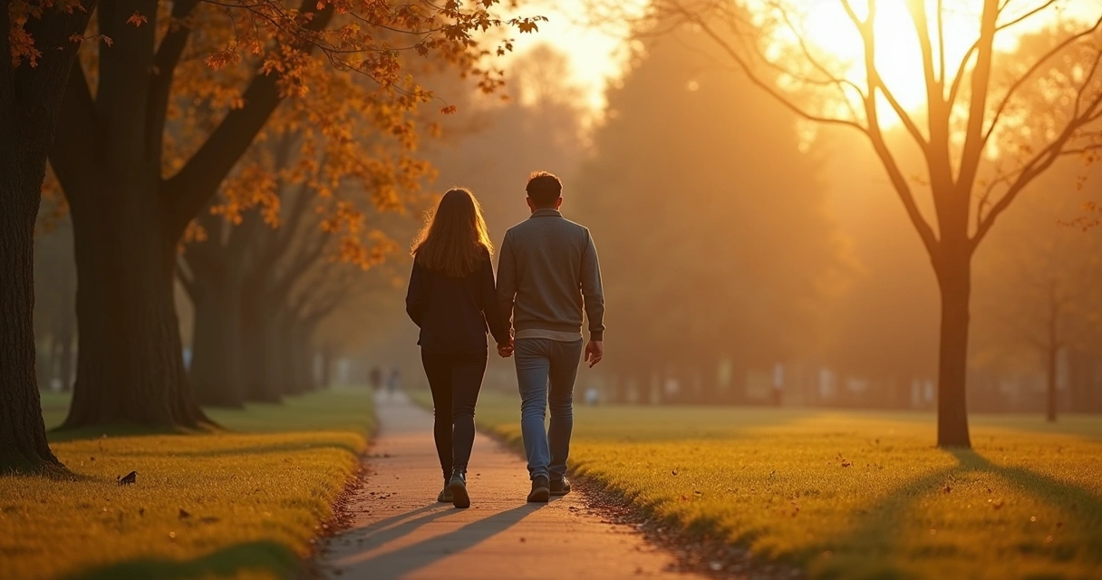 Pareja caminando junta al atardecer en un parque