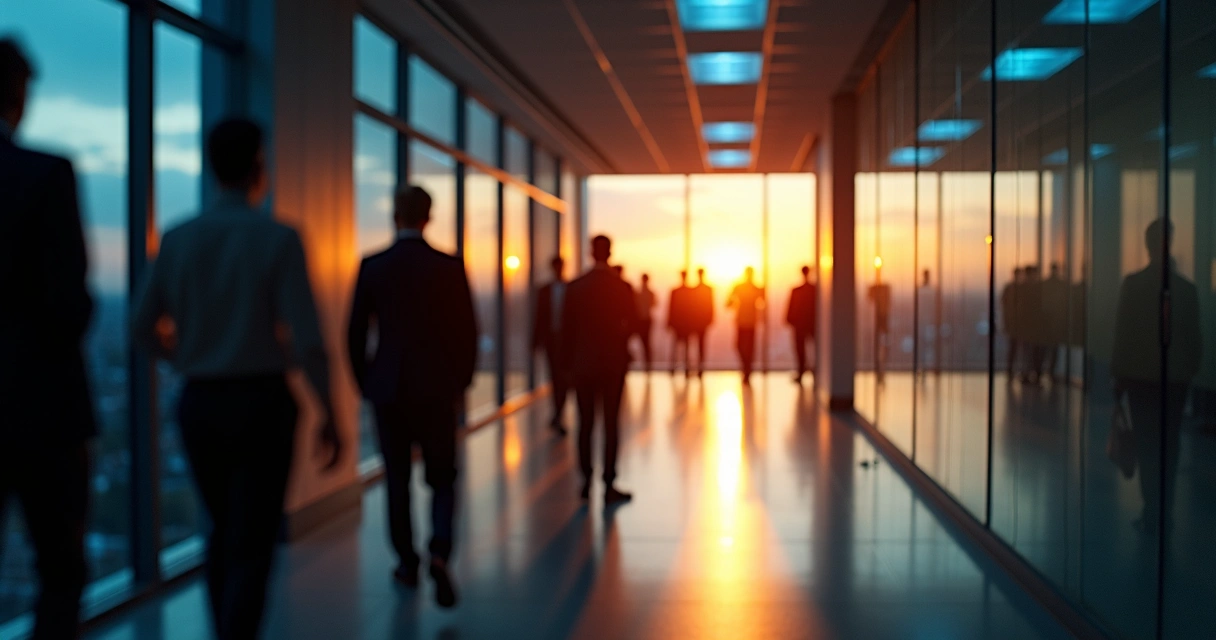 Pasillo de oficina con empleados caminando entre sombras y luz cálida al fondo 