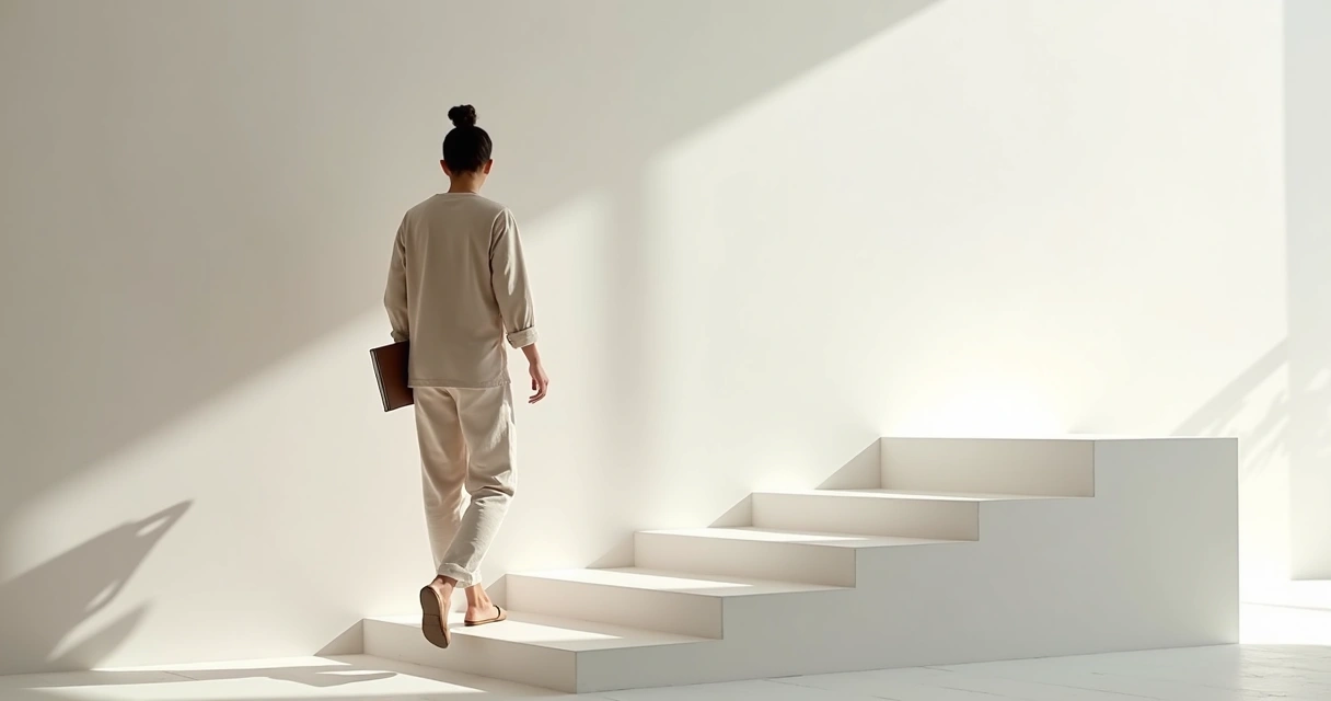 Persona caminando por escalones bajos en un espacio luminoso 