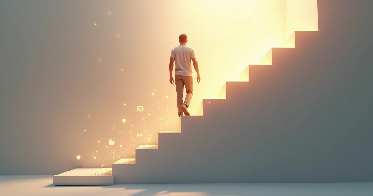 Persona subiendo una escalera formada por cuadrados luminosos pequeños 