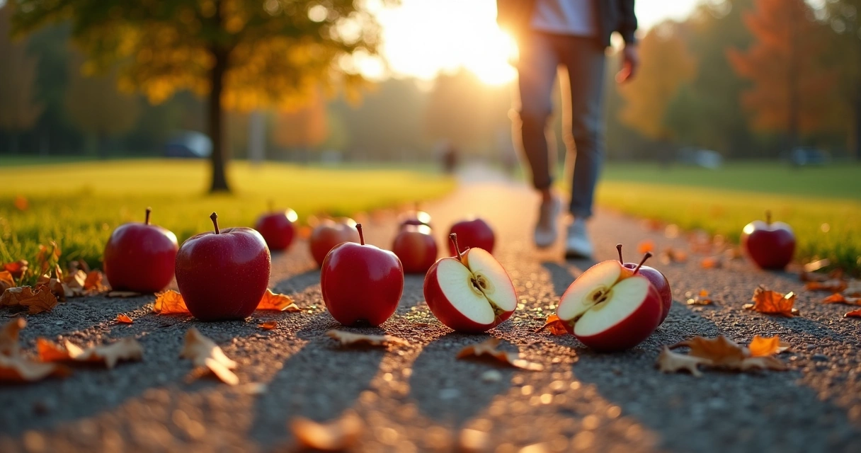 Persona caminando sobre un camino de hojas con manzanas caídas destacadas en el suelo 