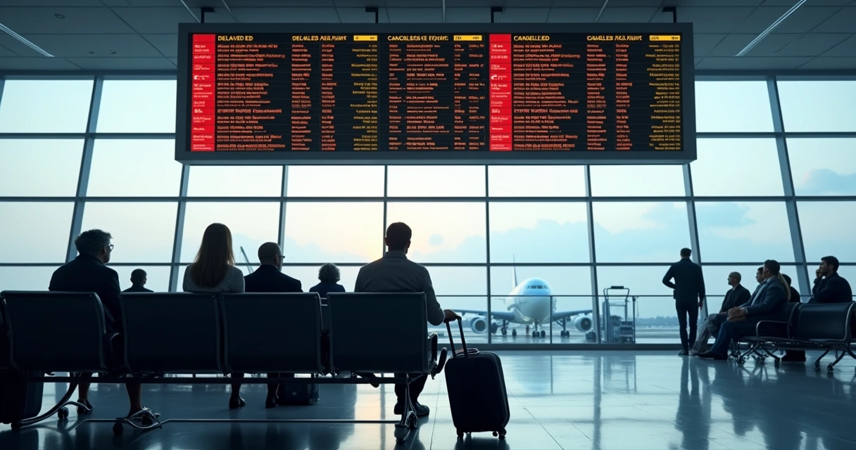 Passageiro sentado no aeroporto olhando para o painel de voos com atrasos exibidos 