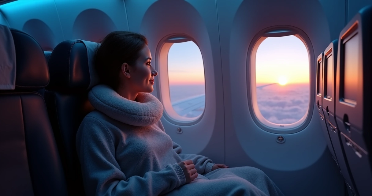 Passageiro sentado na janela de avião em voo longo 