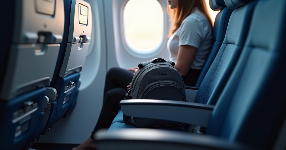 Passageiro sentado segurando uma bolsa pequena sob o assento do avião 