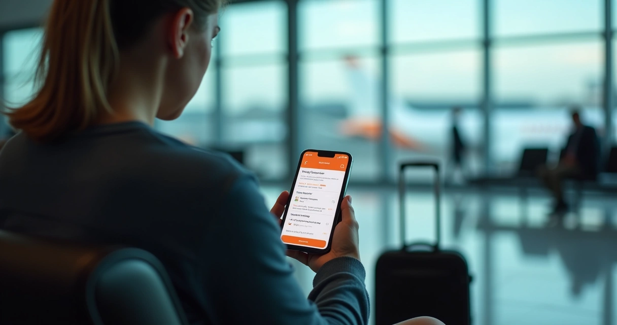 Pessoa verificando reserva flexível no celular em aeroporto 