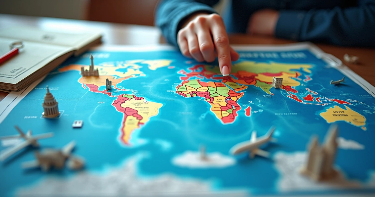 Pessoa analisando mapa de viagens com aviões voando ao redor