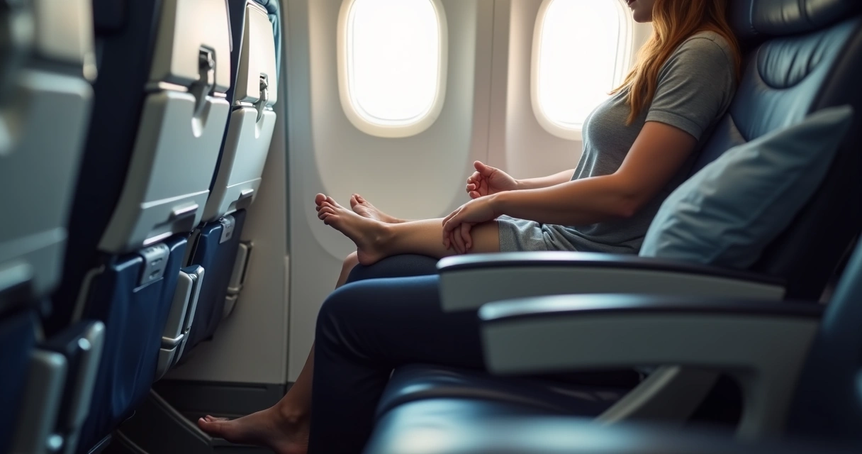 Pessoa sentada no avião movimentando os pés durante a viagem 