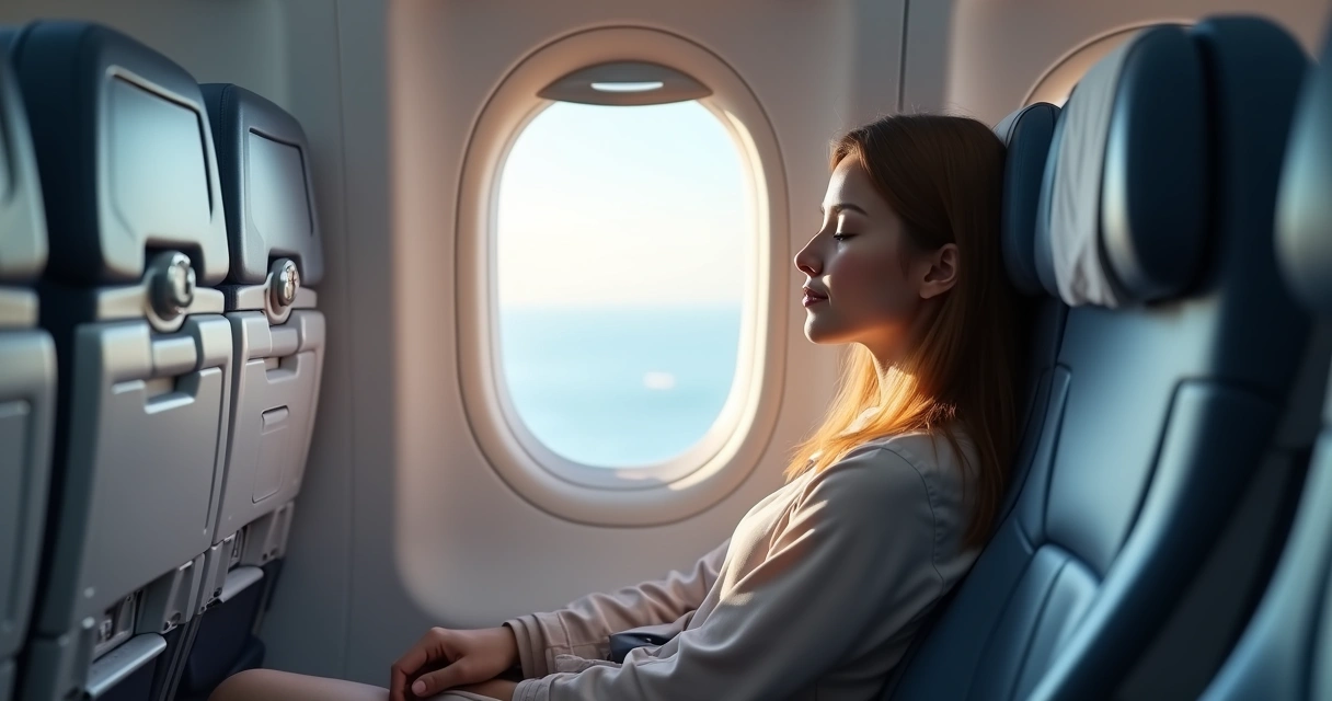 Passageiro sentado em avião olhando pela janela, ambiente calmo, luz natural suave e assento confortável 