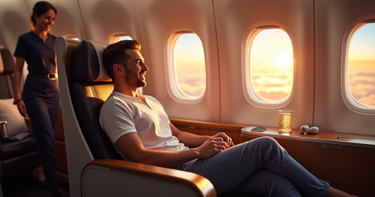 Passageiro sentado em cabine executiva moderna aproveitando upgrade de voo 