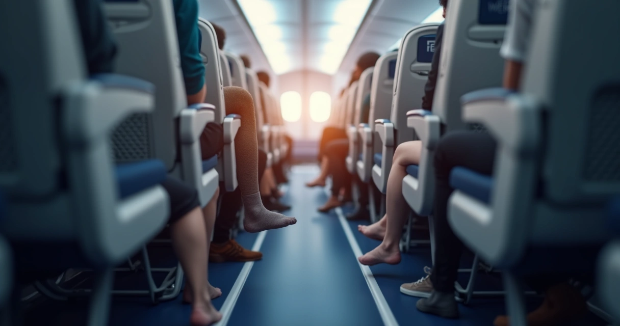 Passageiro sentado no assento do corredor de avião com meia de compressão nas pernas, movimentando os pés para estimular a circulação 