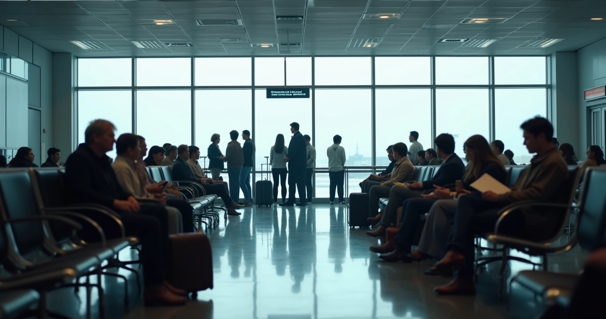 Pessoas em fila no aeroporto, com destaque para distanciamento e comportamentos diferentes