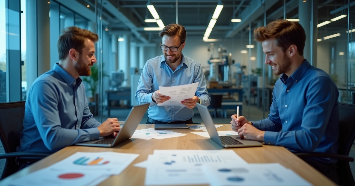 Três profissionais industriais em uma sala de reunião, com documentos e computadores em cima da mesa, conversando sobre leads 