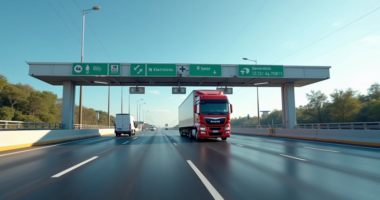 Caminhão com tag eletrônica passando por pórtico de pedágio em rodovia 