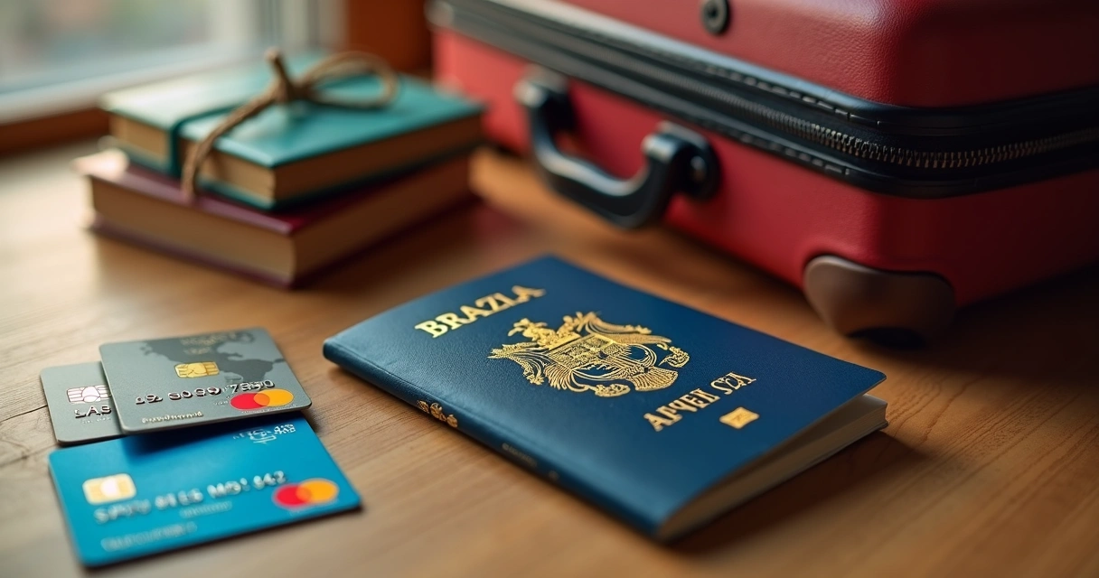 Passaporte, cartões de crédito e malas sobre mesa 