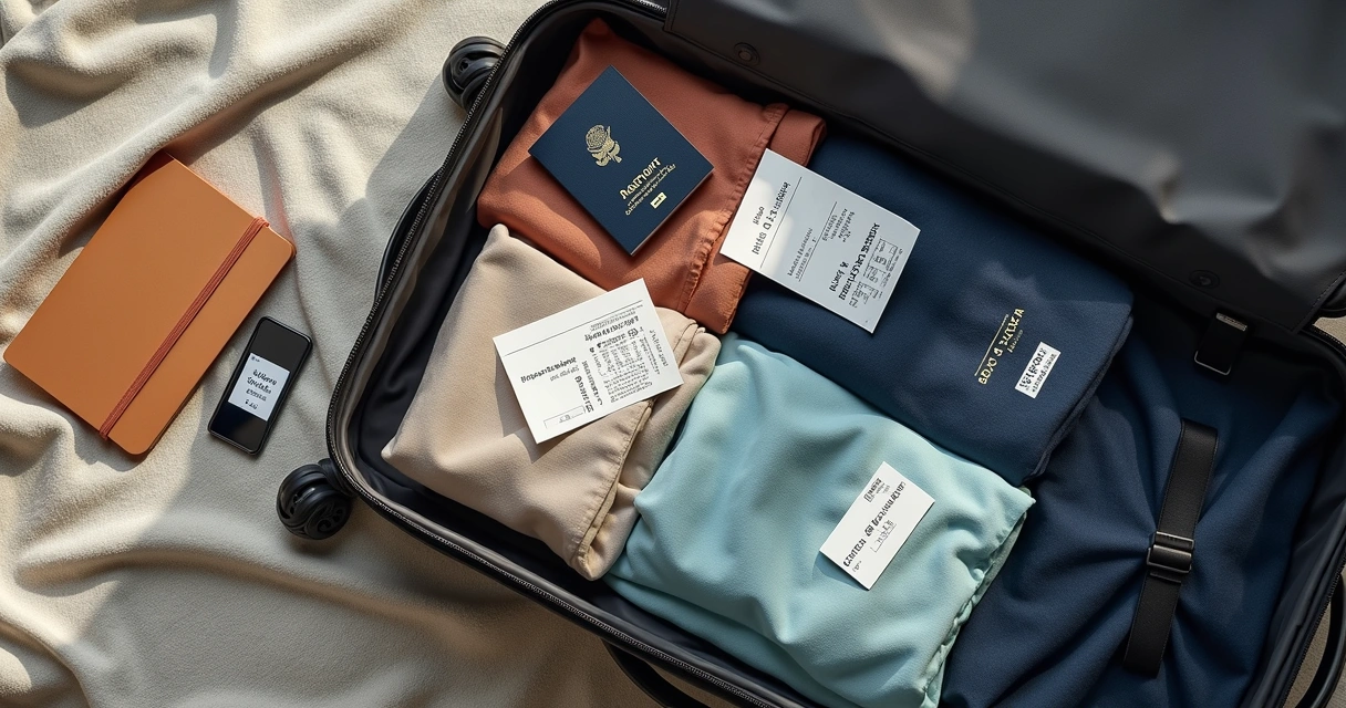 Passaporte, cartões de embarque e celular sobre mala de viagem 