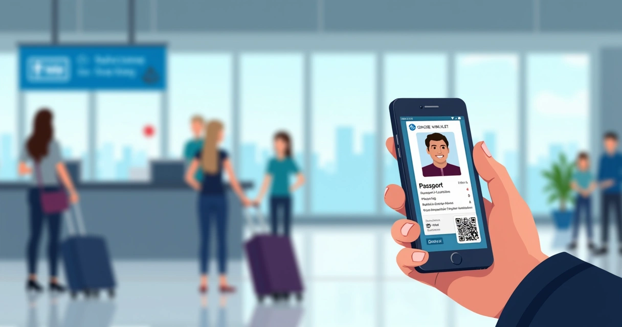 Passaporte digital exibido em smartphone ao lado de balcão de aeroporto e QR code visível 