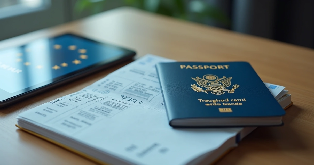 Passaporte aberto sem carimbo ao lado de tela digital 