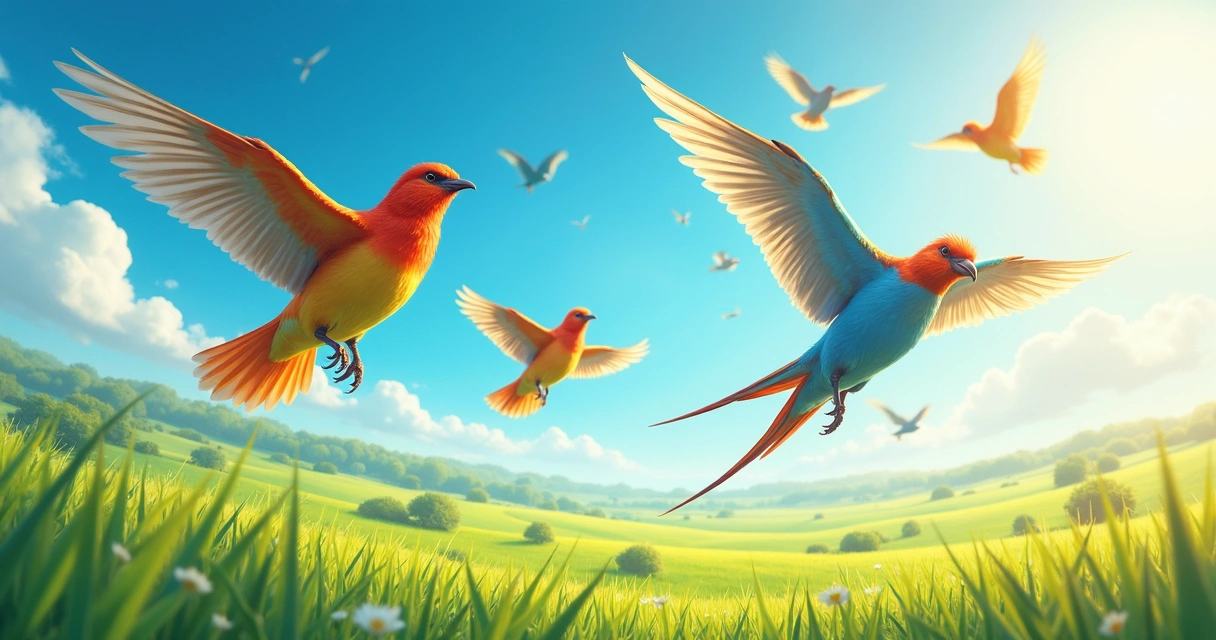 Bando de pássaros coloridos em voo acima de campos verdes 