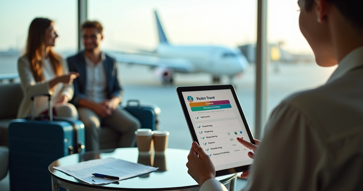 Agente de viagens mostrando checklist digital para casal de clientes satisfeitos 