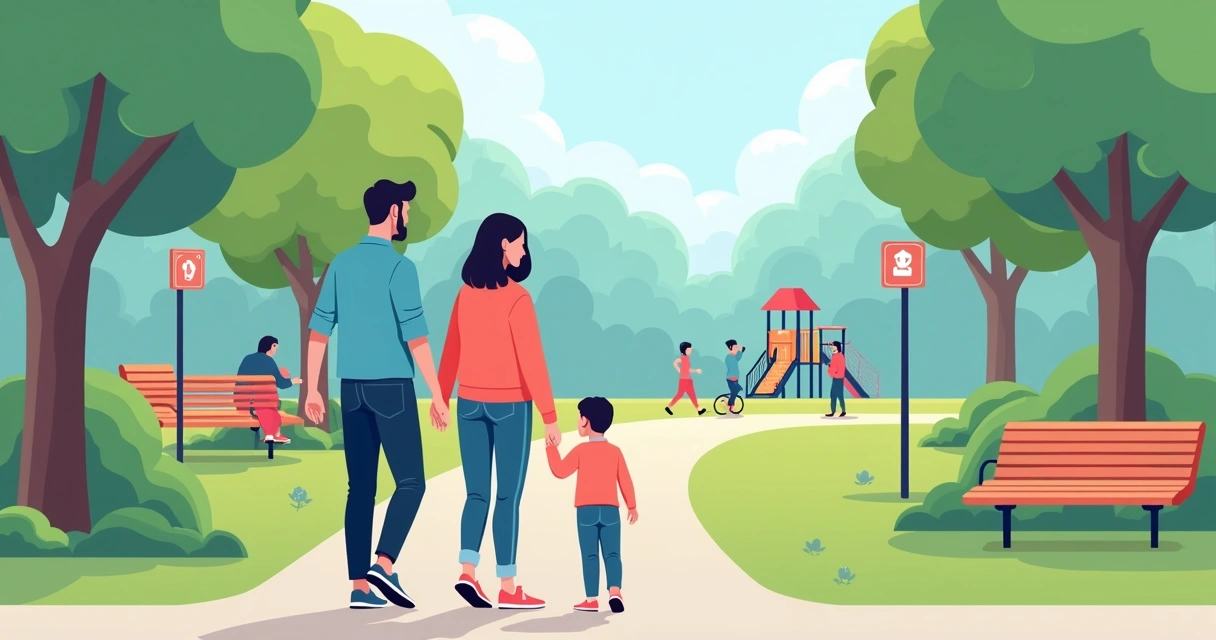 Família caminhando em parque com criança vestindo pulseira de identificação 