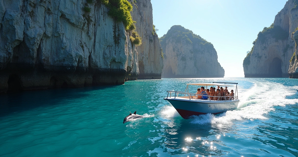 Barco de passeio com turistas navegando pela costa de Noronha 